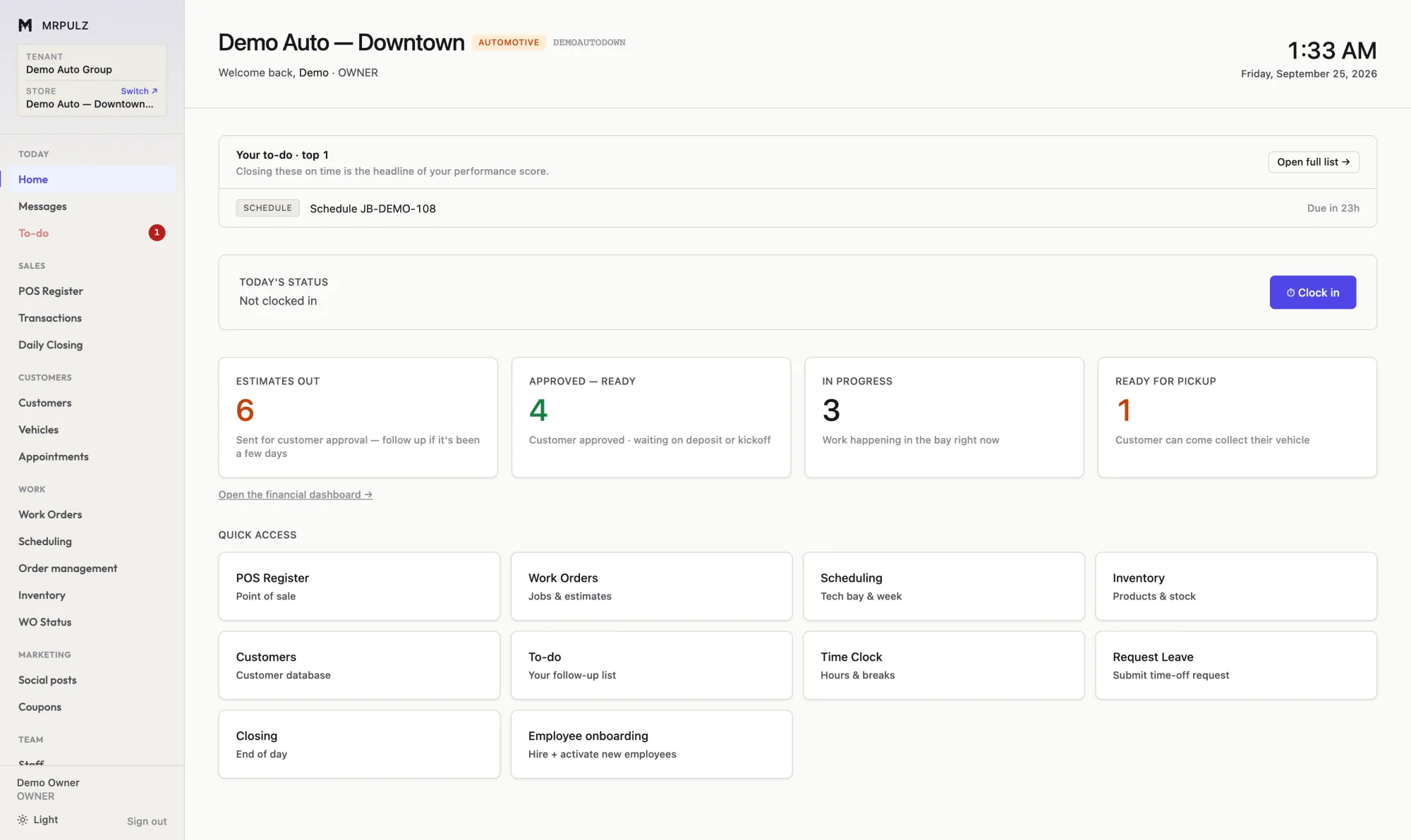 Store home dashboard showing job pipeline counts, a to-do list, the time clock and quick access tiles