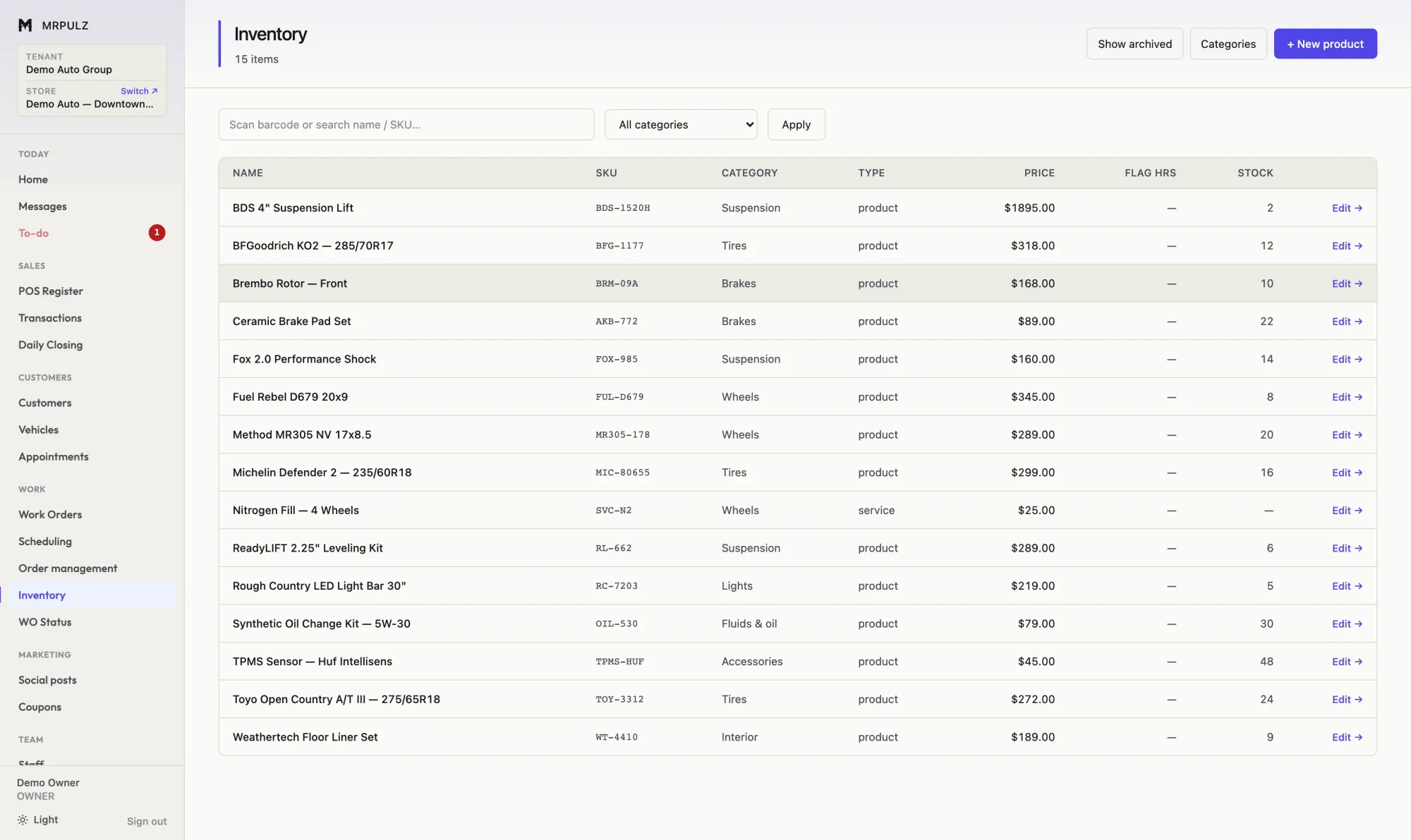 Inventory list showing products with SKU, category, price, cost and quantity in stock