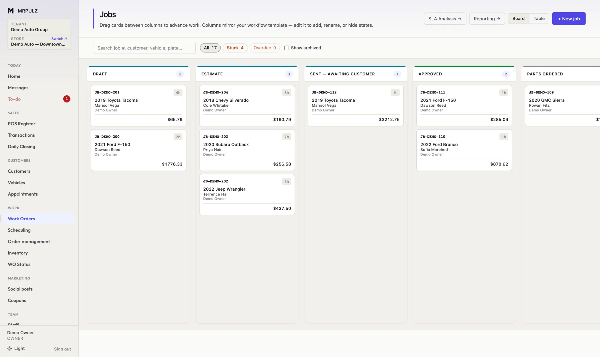 Work order board with columns for draft, estimate, sent to customer, approved and parts ordered, each holding job cards showing the vehicle, customer and total