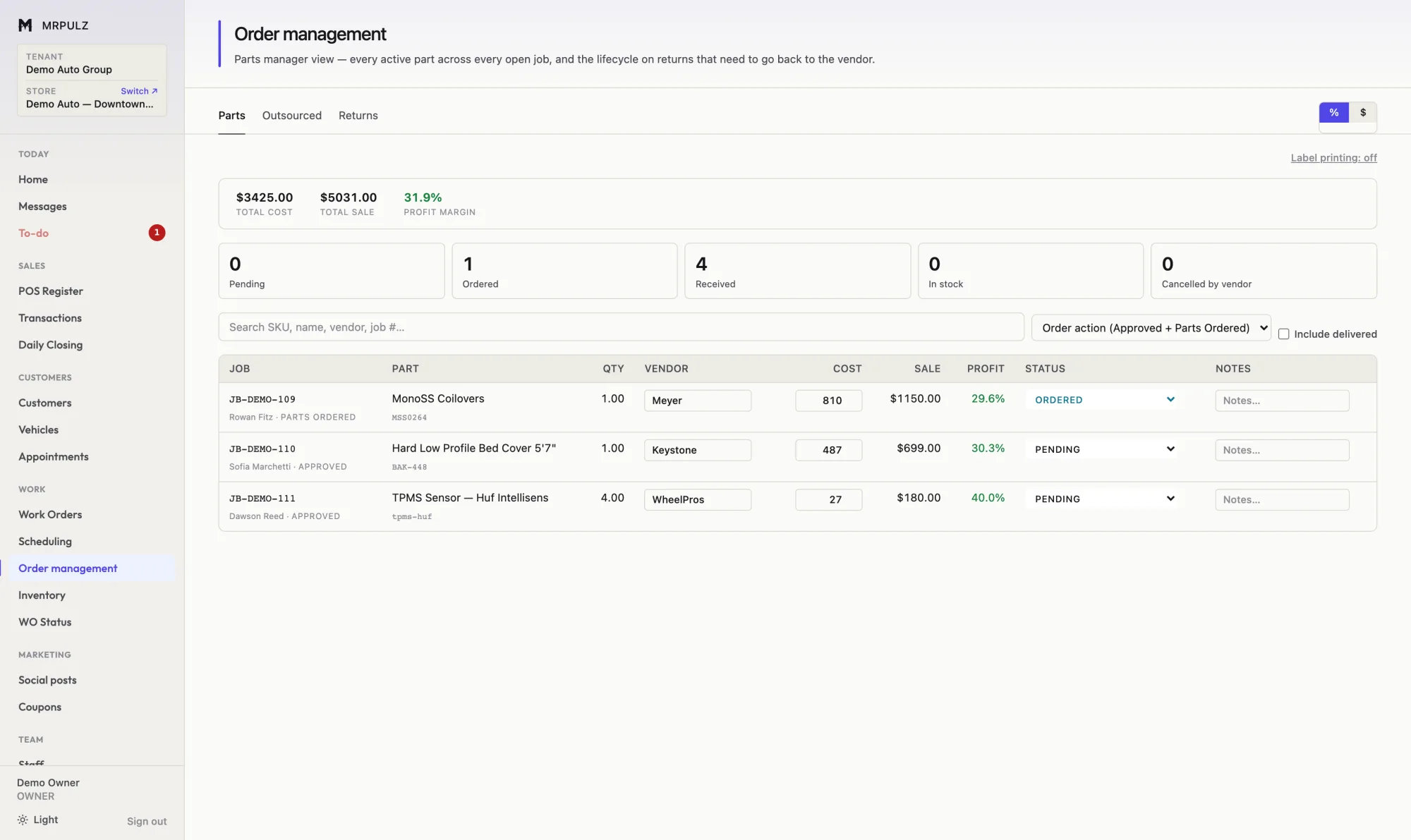 Parts order management screen listing parts by job with vendor, cost, sale price, margin percentage and order status, above a summary of total cost, total sale and blended margin