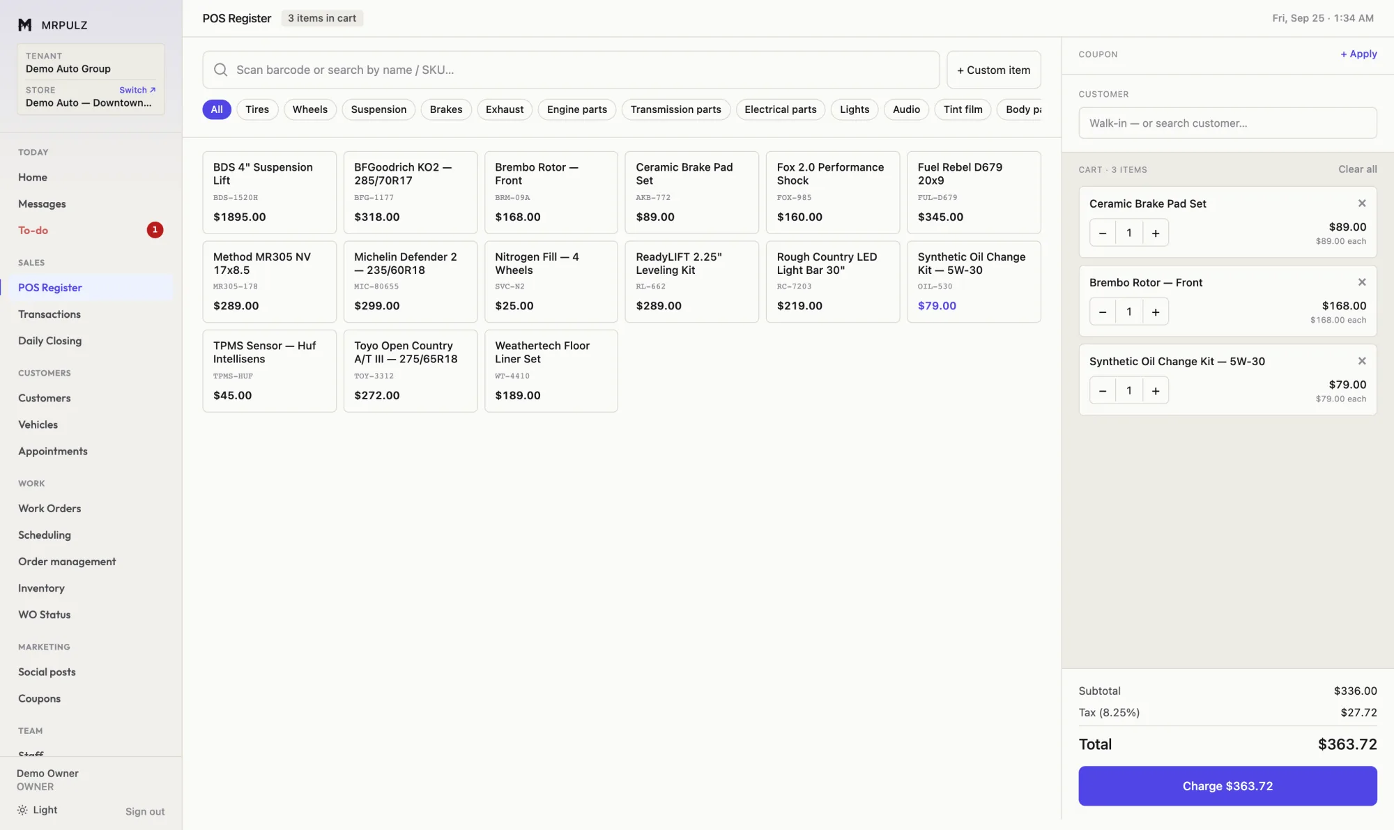 Point of sale register showing a product grid organized by category with a running cart, subtotal, tax and total on the right