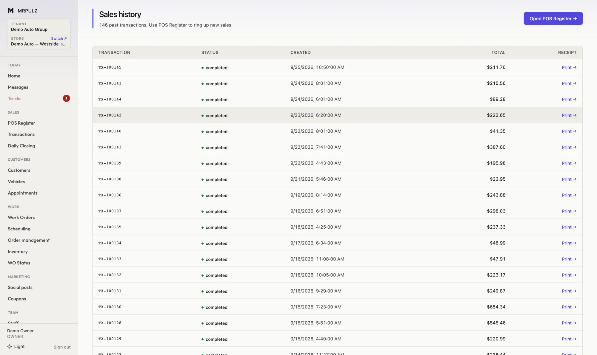 Sales history list showing completed transactions with date, transaction number, customer, item count and total
