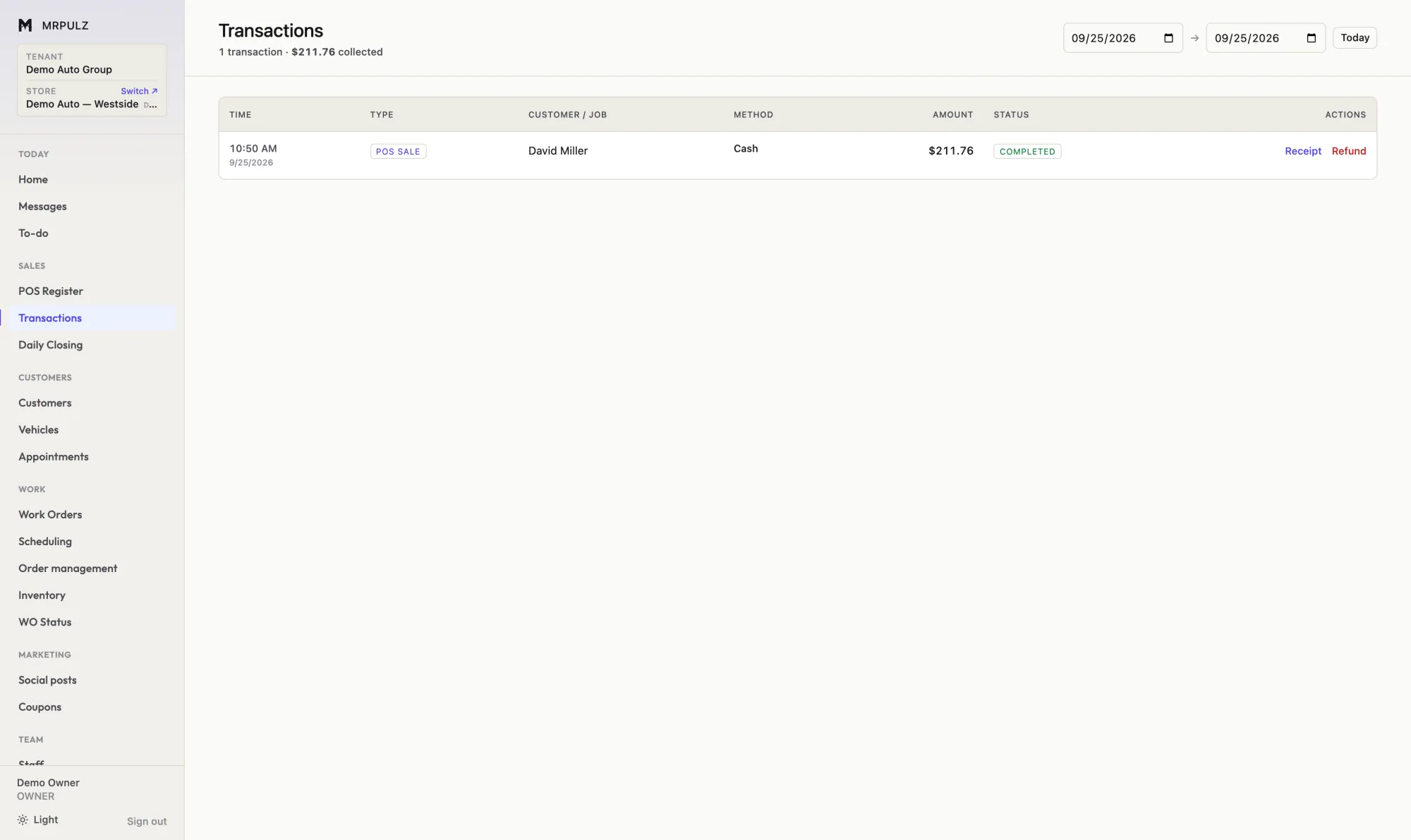 Accounting transactions list with date, type, category, account, description and amount for each entry