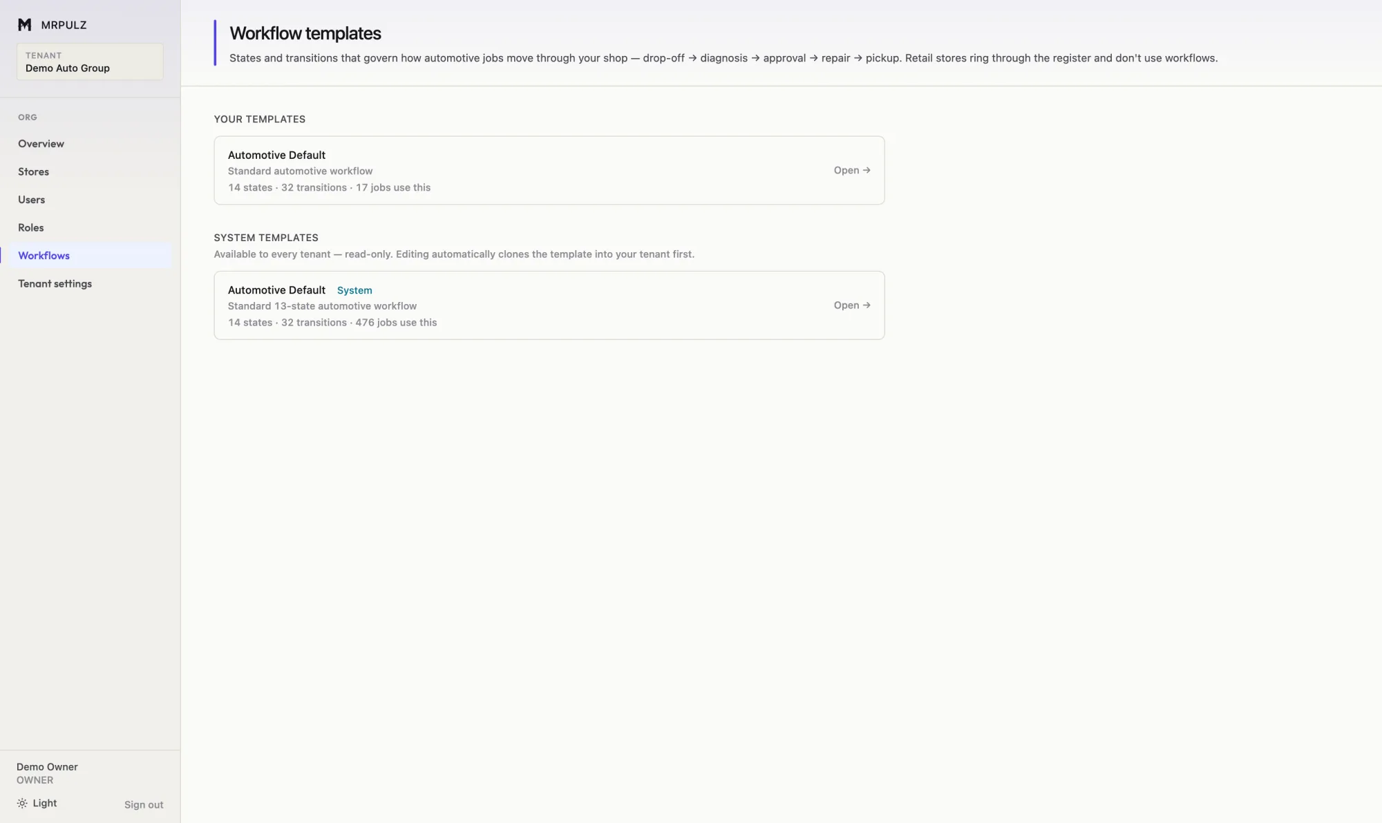 Workflow template screen listing the configured workflow templates with their state counts